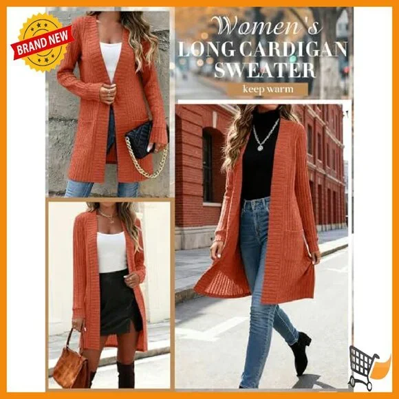 Long Ribbed Cardigan Sweater with Patch Pockets Lightweight Loose Fit - Picture 6 of 8